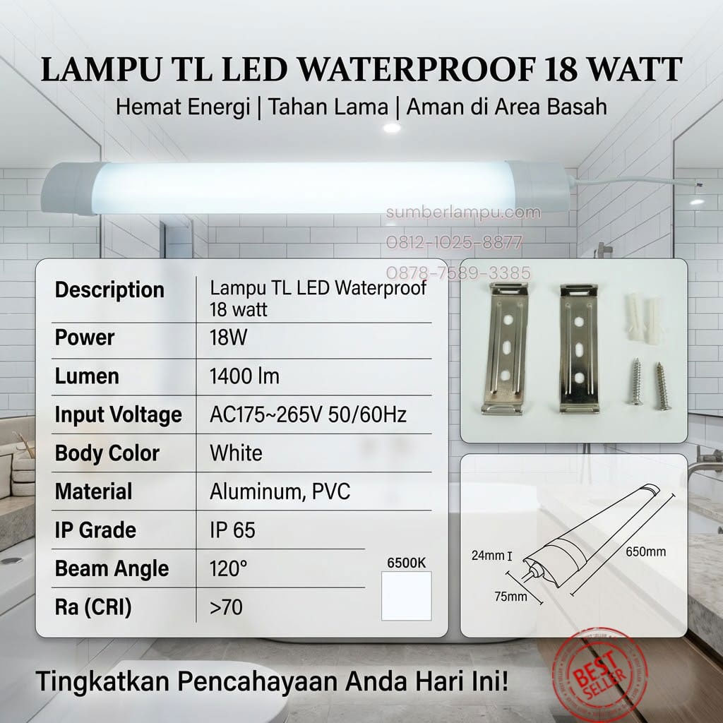 lampu tl led waterproof 18 watt